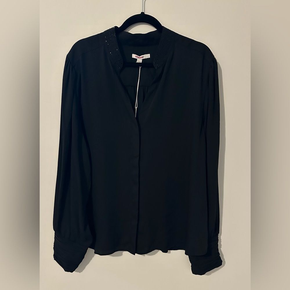 Chico’s Black Long Sleeve Button Up Top SZ 4 US 20 Rhinestone Collar Ruched Cuff